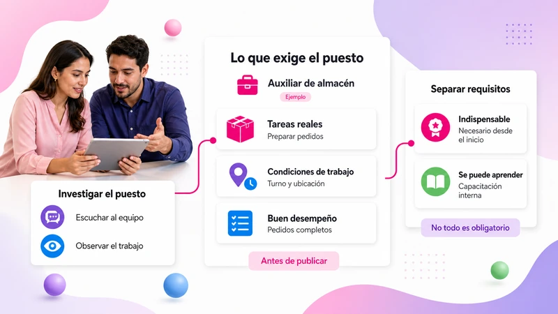 Análisis de puestos: investigar el trabajo real y separar requisitos indispensables de los que se pueden aprender