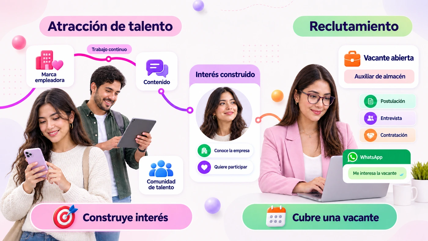 Atracción de talento (marca empleadora, contenido, comunidad, construir interés) frente a reclutamiento (vacante abierta, postulación, entrevista, contratación por WhatsApp)