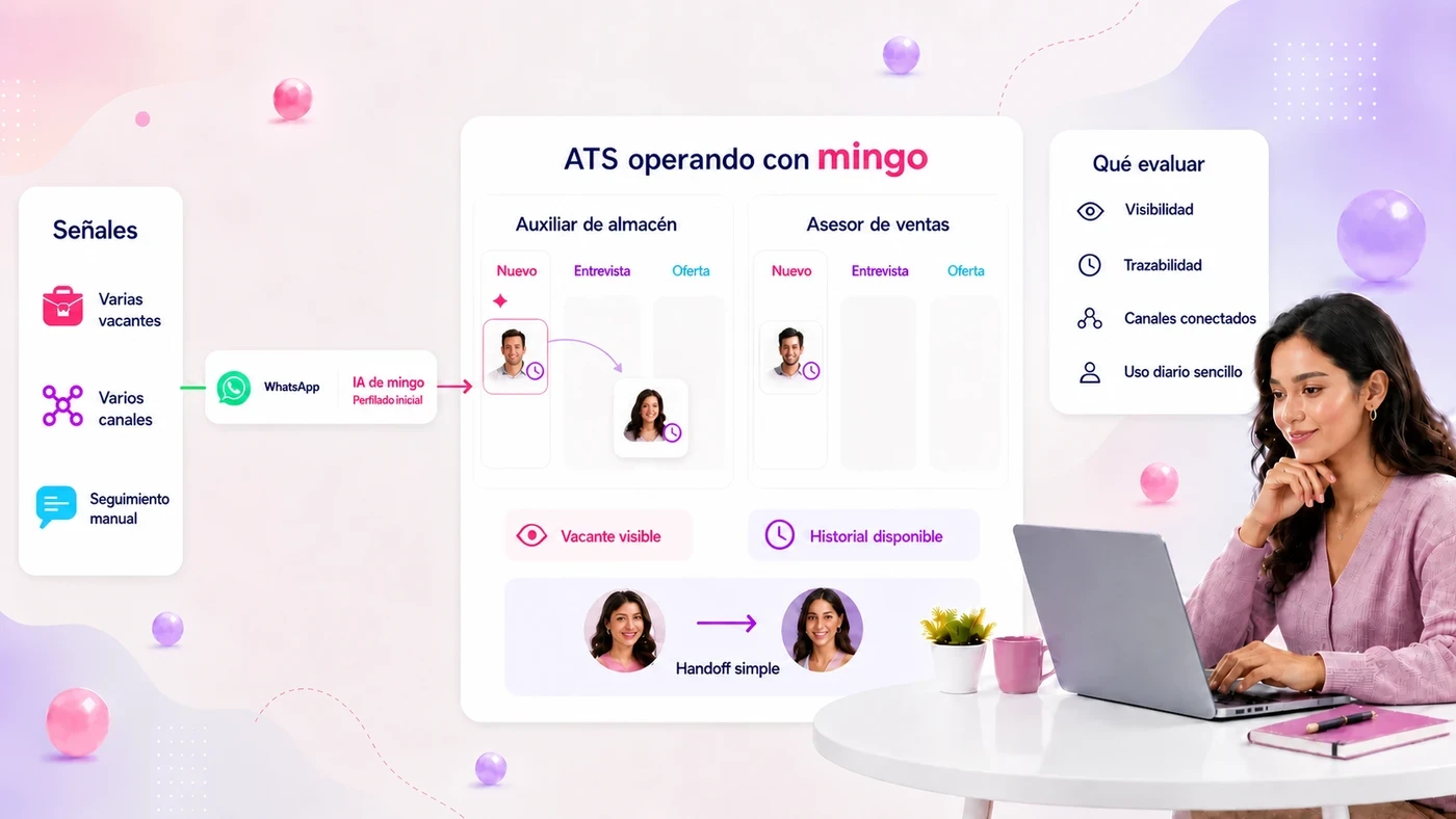 ATS operando junto con Mingo: la IA perfila por WhatsApp y alimenta el pipeline con vacante e historial visibles, con handoff simple entre el equipo