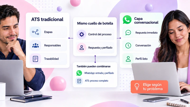 ATS tradicional vs capa conversacional por WhatsApp: etapas y trazabilidad frente a respuesta inmediata y perfil listo