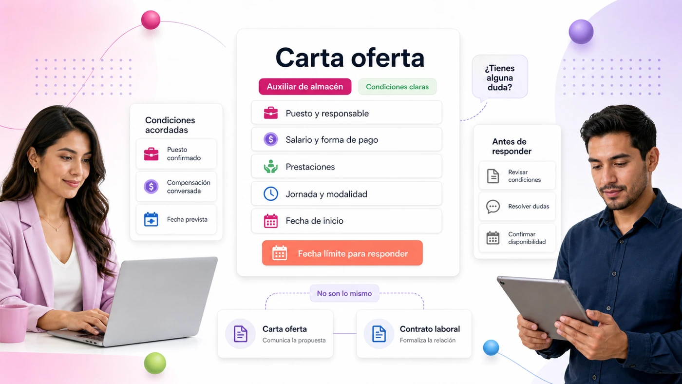 Carta oferta de trabajo para auxiliar de almacén con condiciones claras: puesto, salario, prestaciones, jornada, fecha de inicio y fecha límite para responder, distinta del contrato laboral que formaliza la relación