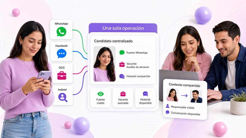 Candidato de WhatsApp, Facebook, OCC e Indeed centralizado en una sola operación con fuente, vacante e historial compartido