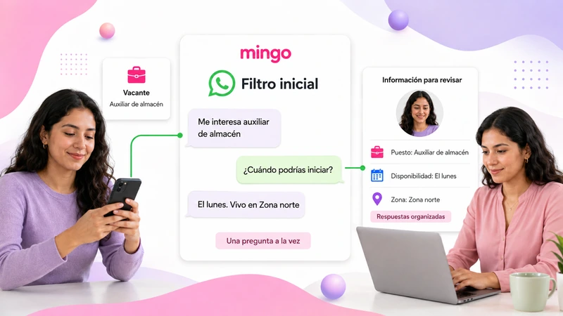 Filtro inicial de candidatos por WhatsApp que organiza puesto, disponibilidad y zona para revisión del equipo