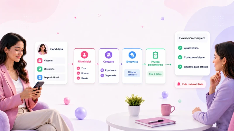Evaluación de candidatos por etapas: filtro inicial, contexto, entrevista y prueba psicométrica con revisión humana
