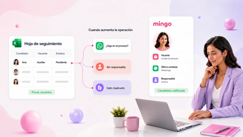 Hoja de Excel con candidatos y estatus pendientes junto a un perfil de Mingo por WhatsApp ya organizado