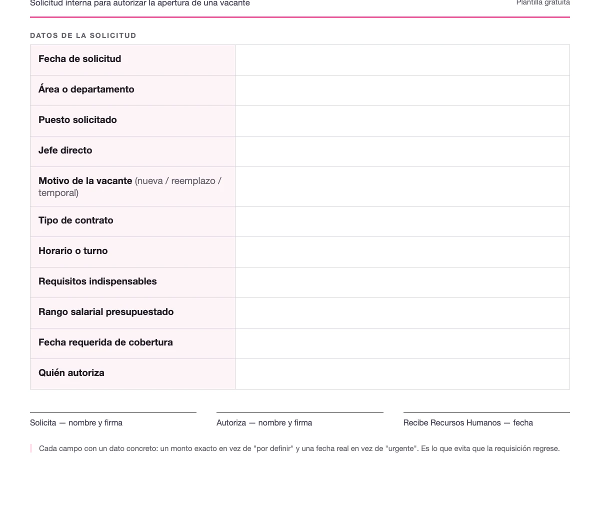 Formato de requisición de personal en blanco para llenar: fecha de solicitud, área, puesto solicitado, jefe directo, motivo de la vacante, tipo de contrato, horario, requisitos, rango salarial, fecha de cobertura y quién autoriza, con espacio de firmas