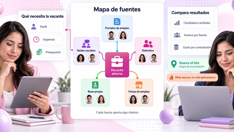 Mapa de fuentes de reclutamiento conectadas a una vacante abierta, comparando resultados por fuente
