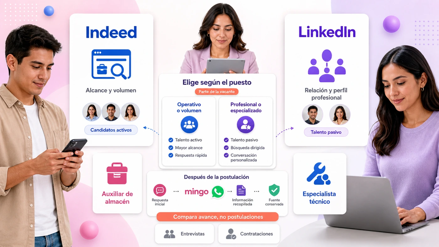 Indeed vs LinkedIn para reclutar: Indeed da alcance y volumen con candidatos activos para puestos operativos como auxiliar de almacén; LinkedIn da relación y perfil profesional con talento pasivo para puestos especializados, y Mingo da seguimiento por WhatsApp después de la postulación en ambos casos