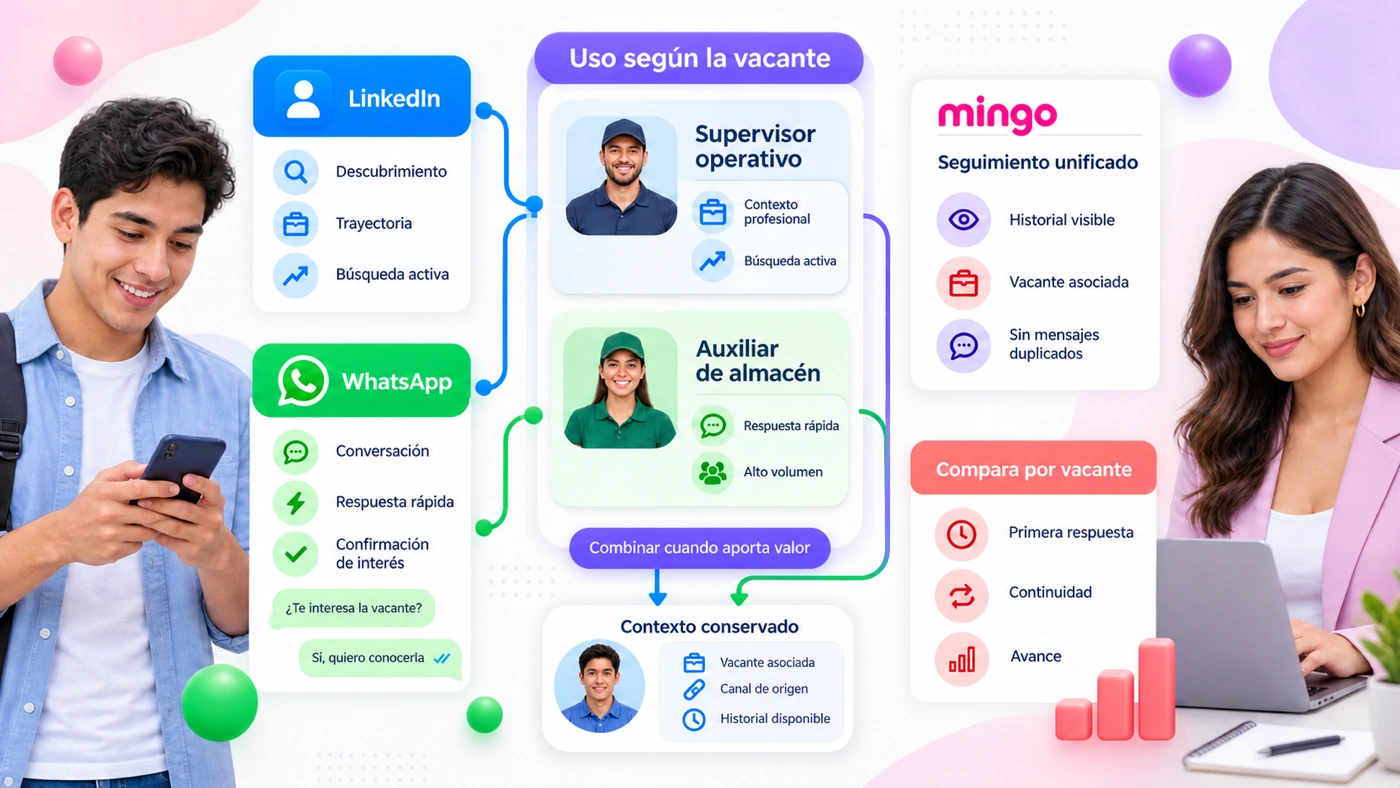 Comparativa de LinkedIn y WhatsApp para reclutar puestos operativos, con seguimiento unificado en Mingo
