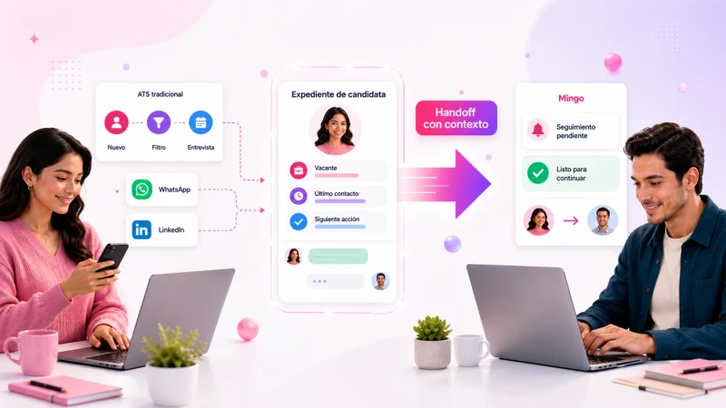 Mingo vs ATS tradicional: un expediente de candidata pasa del ATS y otros canales a Mingo con handoff con contexto