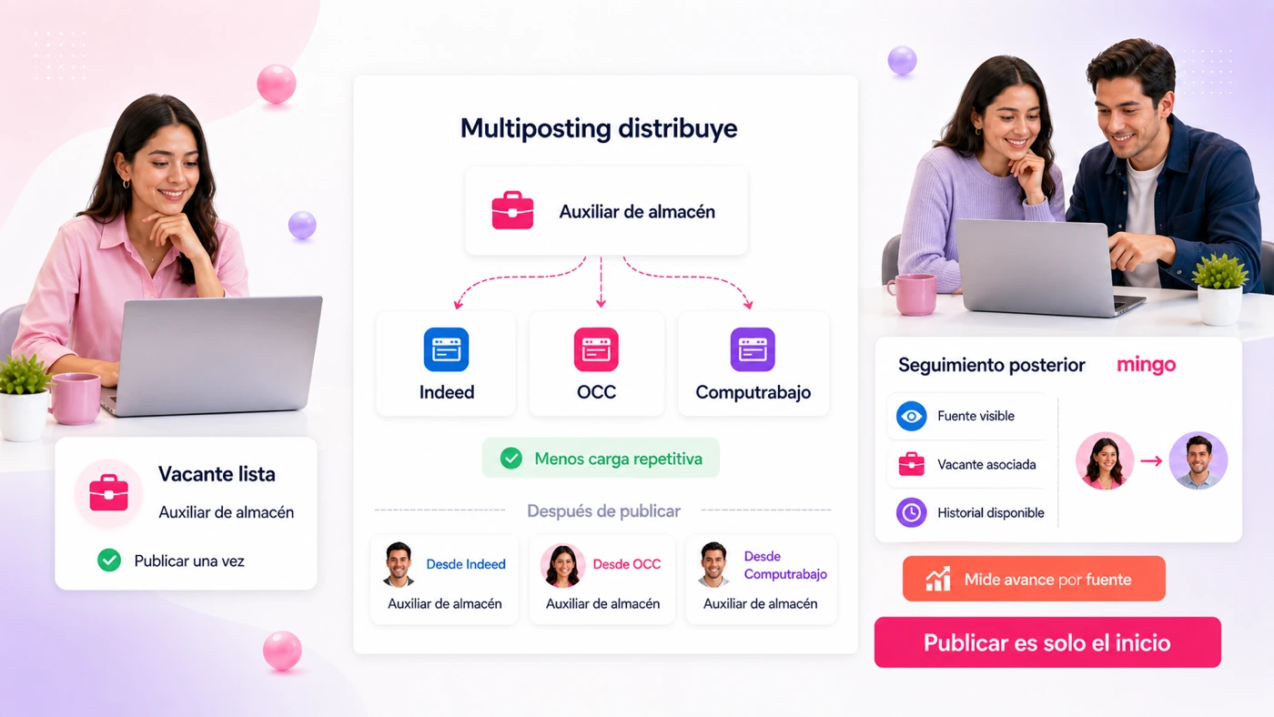 Multiposting distribuye una vacante de auxiliar de almacén a Indeed, OCC y Computrabajo publicando una sola vez, con seguimiento posterior en Mingo por fuente visible, vacante asociada e historial disponible para medir avance, no solo publicar