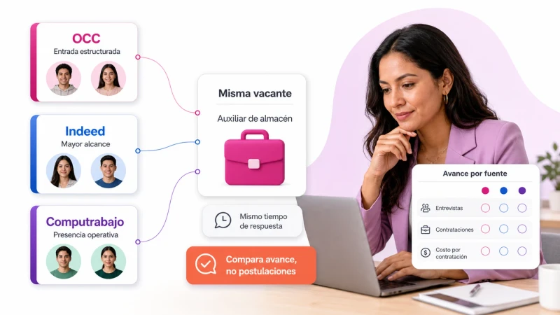 Comparación de avance de candidatos de OCC, Indeed y Computrabajo para la misma vacante