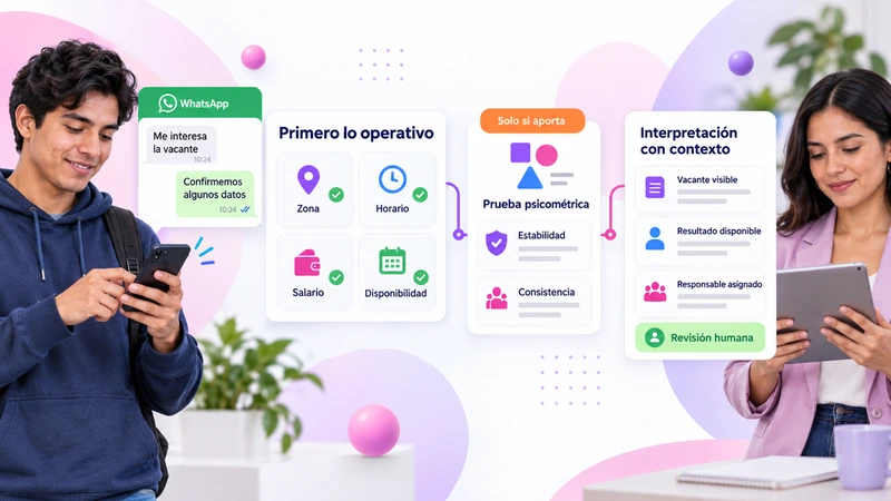 Filtro operativo primero y prueba psicométrica solo si aporta, con interpretación bajo revisión humana