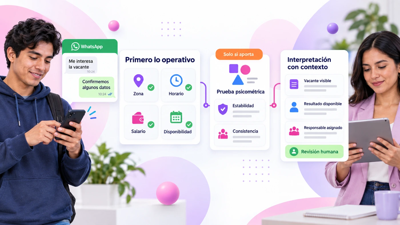 Filtro operativo primero (zona, horario, salario, disponibilidad confirmados por WhatsApp), prueba psicométrica solo si aporta —midiendo estabilidad y consistencia— e interpretación con contexto: vacante visible, resultado disponible, responsable asignado y revisión humana