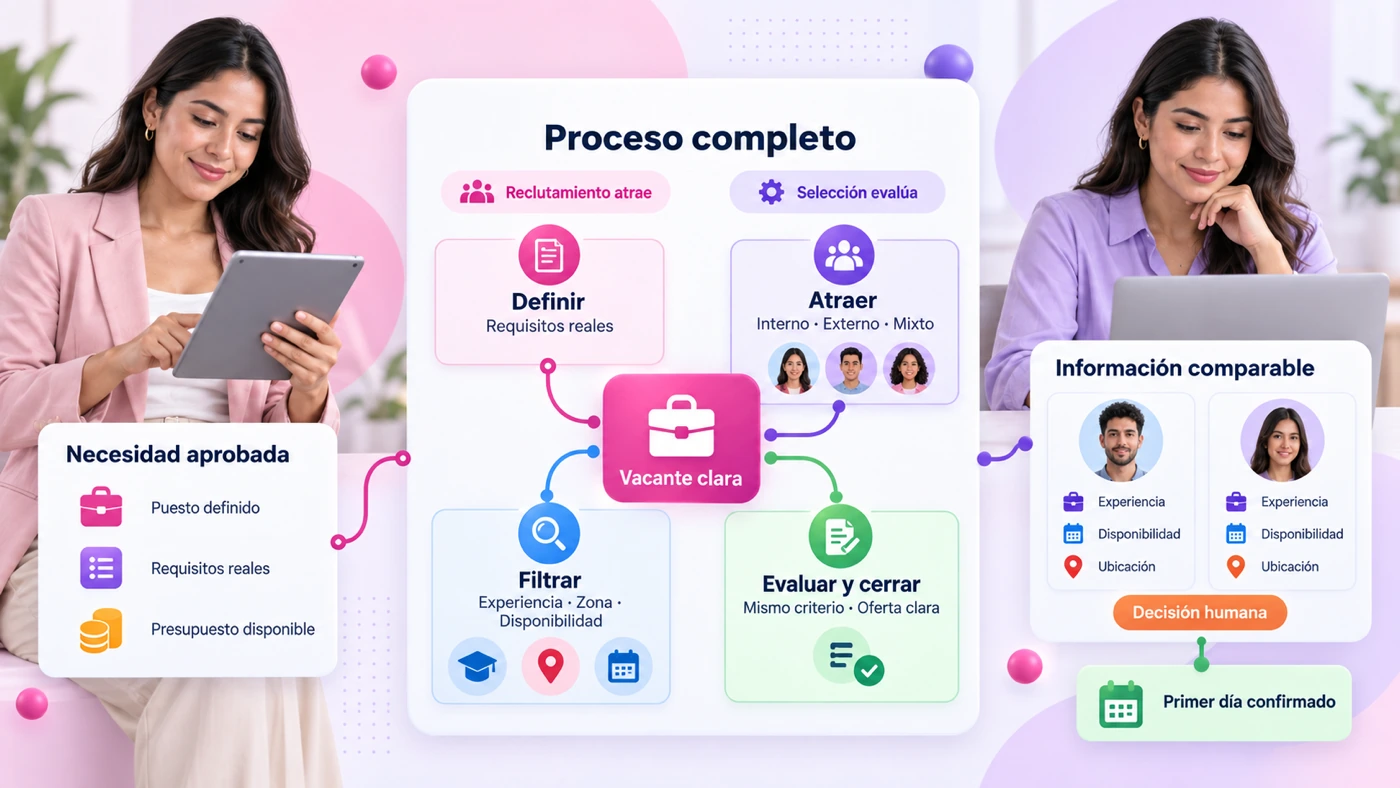 Proceso completo de reclutamiento de personal: necesidad aprobada con puesto definido, requisitos reales y presupuesto disponible, hacia una vacante clara que se atrae de forma interna, externa o mixta mientras se filtra por experiencia, zona y disponibilidad, con información comparable entre candidatos para una decisión humana