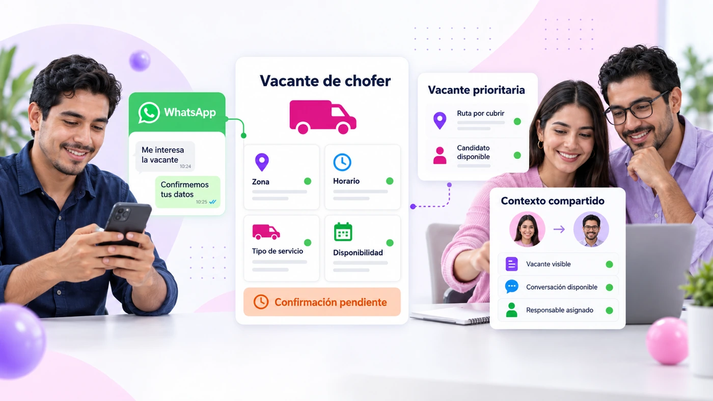 Candidato a chofer confirmando zona, horario, tipo de servicio y disponibilidad por WhatsApp; la vacante queda marcada como prioritaria (ruta por cubrir, candidato disponible) con el contexto compartido entre reclutador y equipo: vacante visible, conversación disponible, responsable asignado
