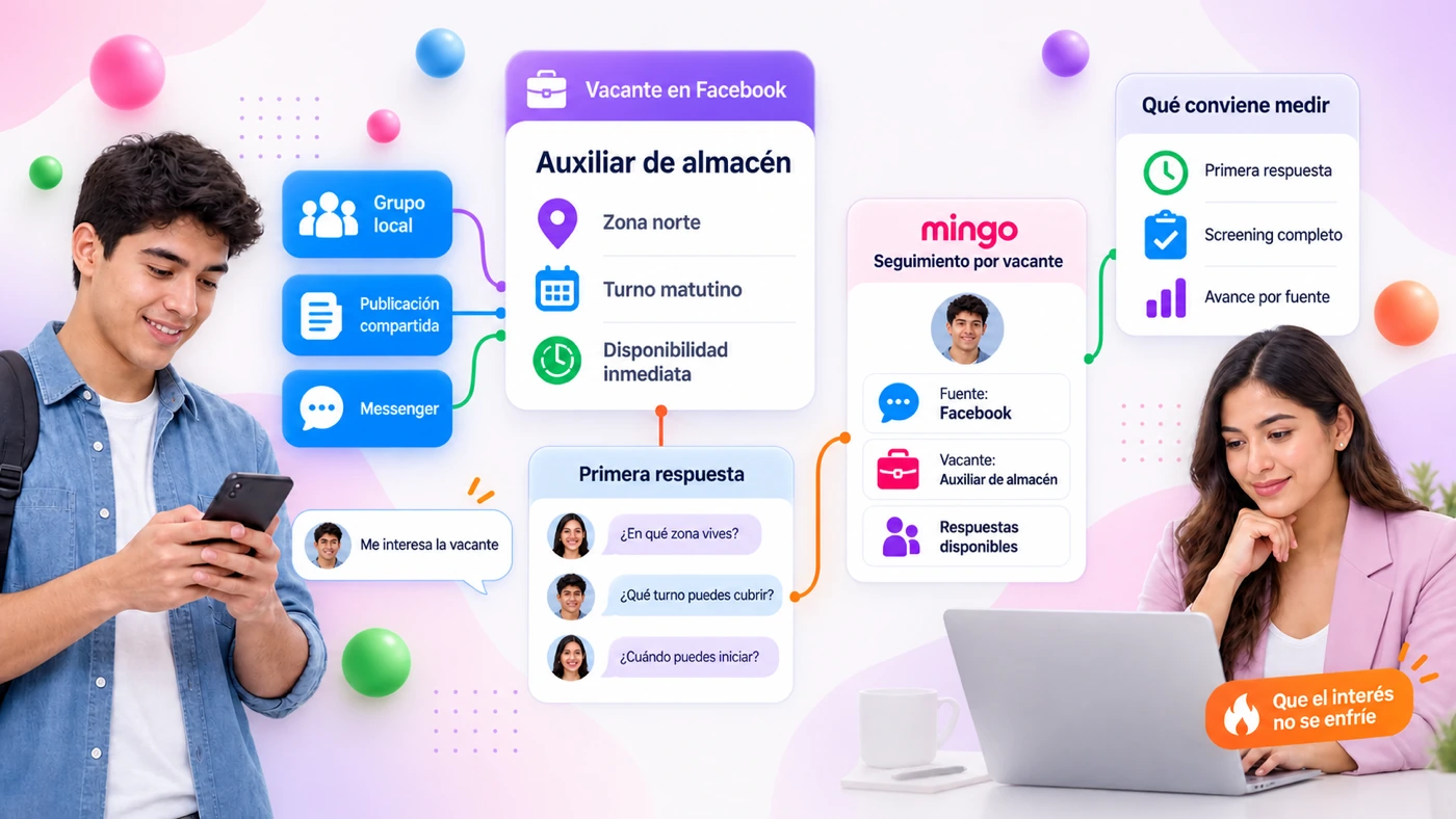 Vacante de auxiliar de almacén en grupo local de Facebook con publicación compartida y Messenger, continuada por WhatsApp con primera respuesta (zona, turno, disponibilidad), seguimiento por vacante en Mingo con fuente Facebook, y qué conviene medir: primera respuesta, screening completo y avance por fuente
