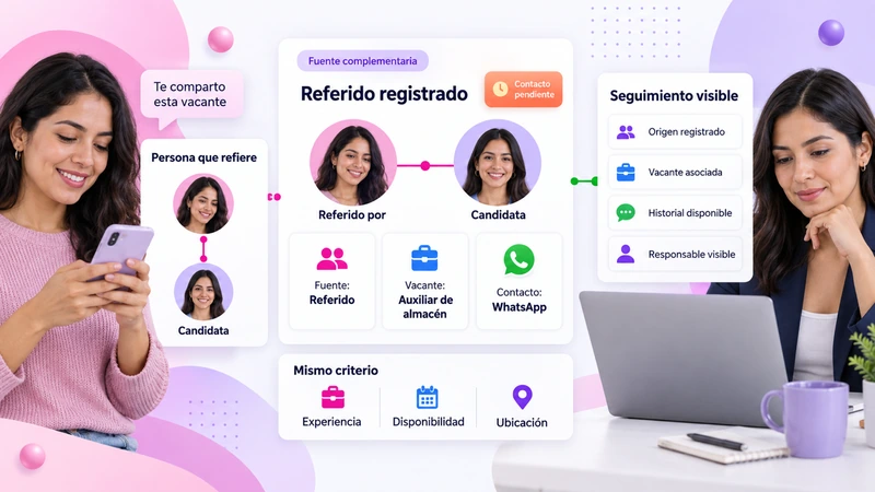 Referido registrado con contacto pendiente, fuente marcada como referido y seguimiento visible por vacante