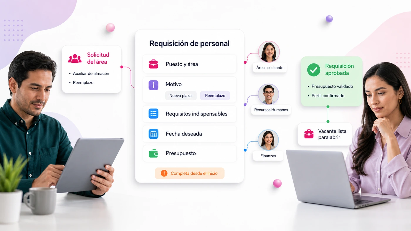 Flujo de requisición de personal: solicitud del área con puesto y motivo, formulario con requisitos, fecha y presupuesto, aprobación de RH y finanzas, hasta la vacante lista para abrir
