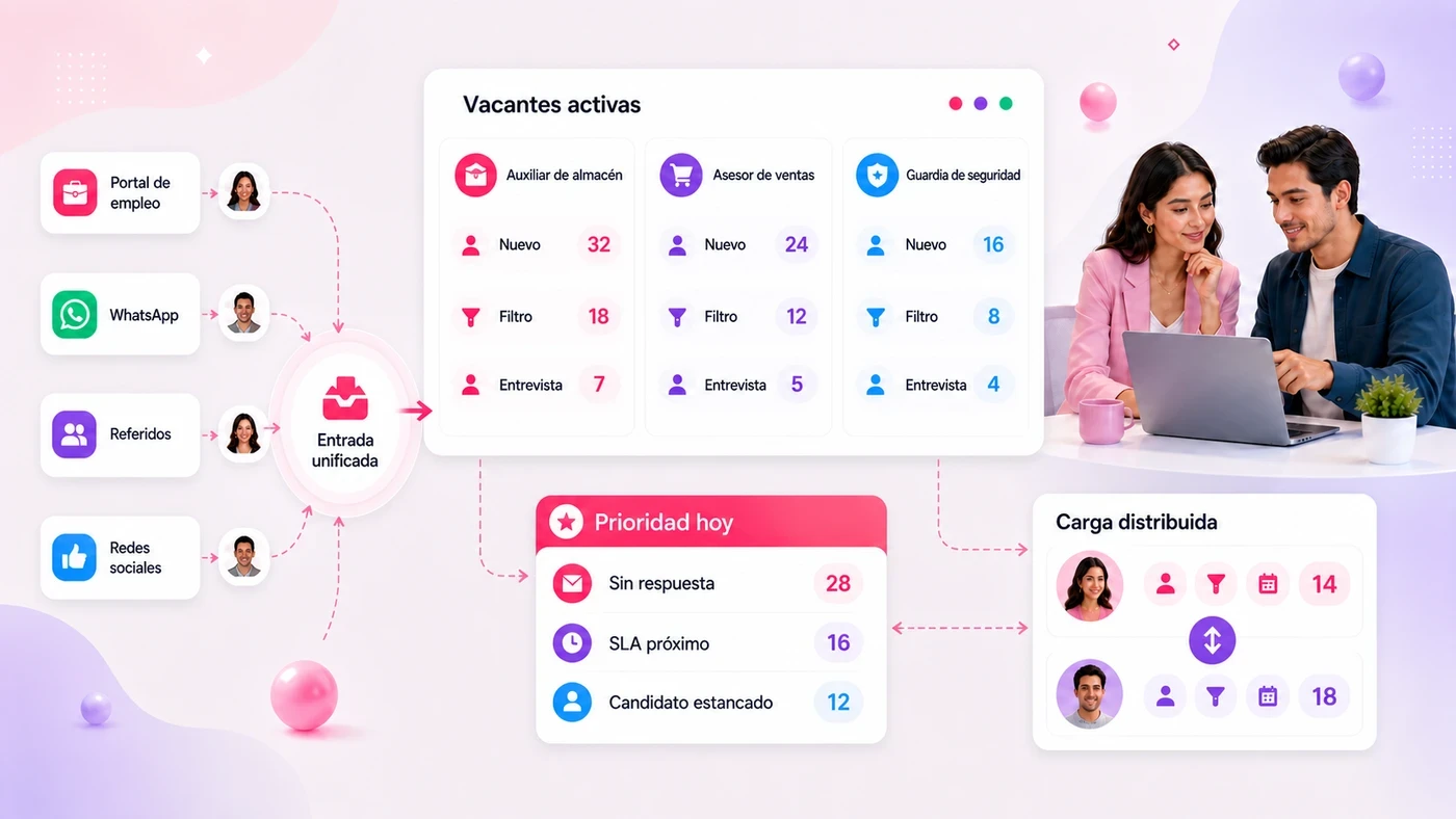 Software de reclutamiento masivo: candidatos de portal de empleo, WhatsApp, referidos y redes sociales en una entrada unificada, con vacantes activas por etapa, prioridades del día y carga distribuida del equipo