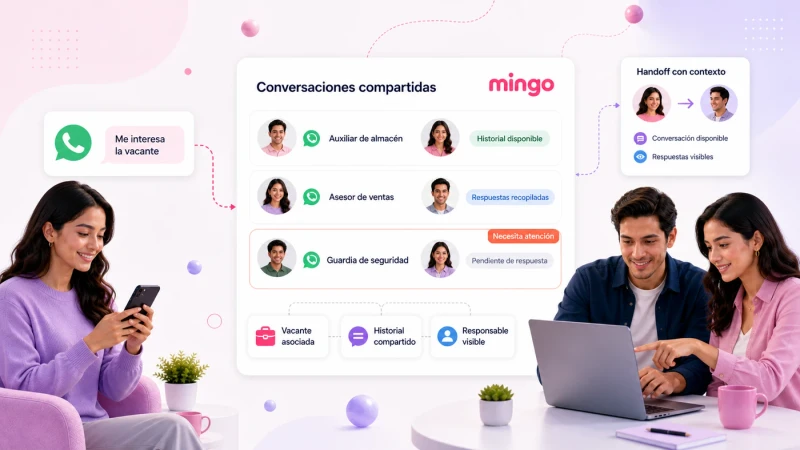 Conversaciones de WhatsApp compartidas por vacante con historial y handoff con contexto