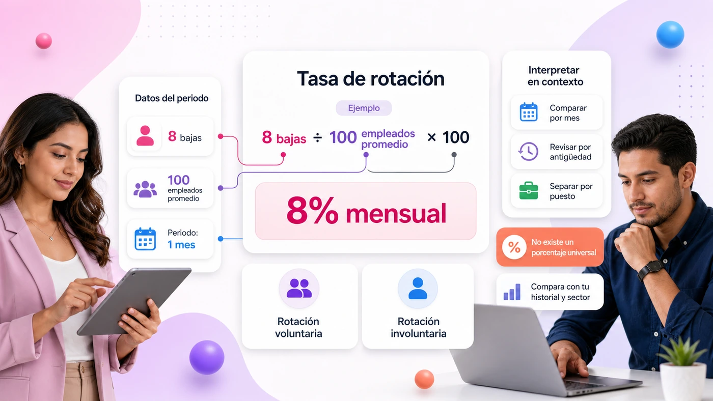 Cálculo de la tasa de rotación de personal: 8 bajas entre 100 empleados promedio por 100 igual a 8% mensual, con rotación voluntaria e involuntaria y cómo interpretarla por mes, antigüedad y puesto