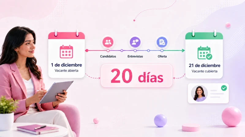 Time to fill en reclutamiento: 20 días entre abrir y cubrir una vacante, con etapas de candidatos, entrevistas y oferta