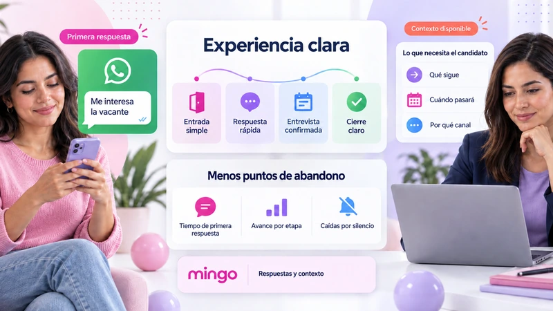Infografía: Experiencia clara del candidato. Muestra el flujo: entrada simple, respuesta rápida, entrevista confirmada y cierre claro. Contexto disponible con información sobre qué sigue, cuándo pasará y por qué canal. Menos puntos de abandono medidos por tiempo de primera respuesta, avance por etapa y caídas por silencio.